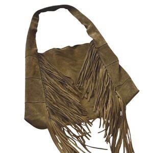CLAUDIA FIRENZE Italy Suede Fringe Western Hobo Bag Olive Green Genuine Leather